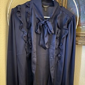 NWT Silky Express Navy Button Up with Bow